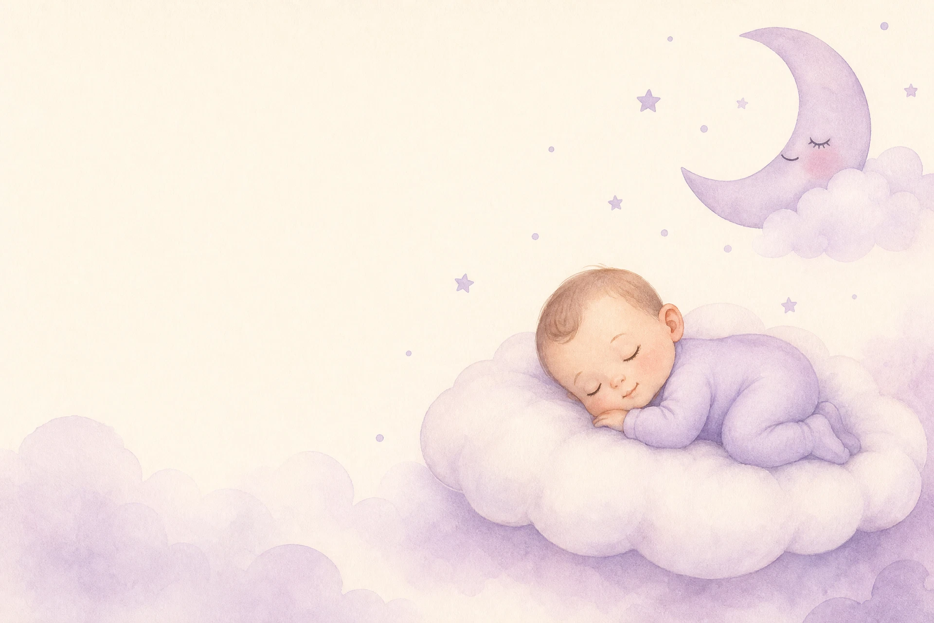 Bebê dormindo sobre uma nuvem lilás